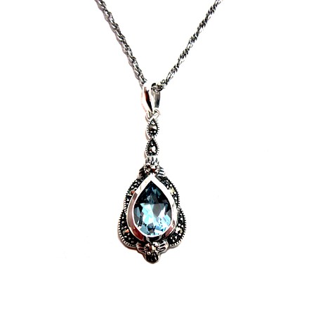 Blue Topaz Marcasite Antique Teardrop Pendant - Click Image to Close